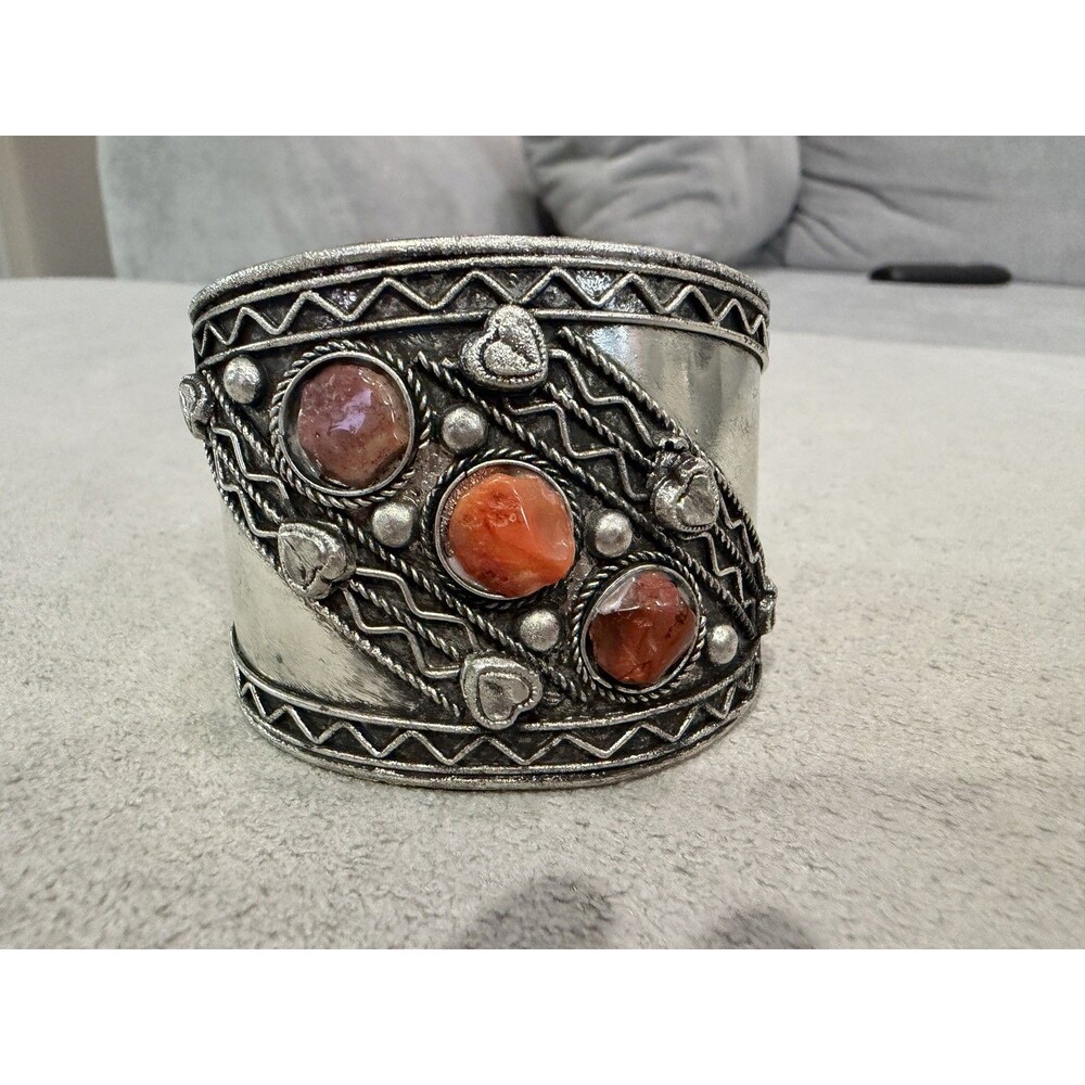 Vintage Tibetan Style Wide Cuff Bracelet Silver Tone Boho Tribal Statement
